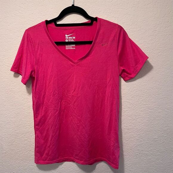 Nike Women's Dri-FIT V-Neck T-Shirt Pink Size M Short Sleeve Casual Athletic Cut - Picture 1 of 4